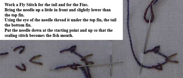 The first 3 steps for embroidering fish